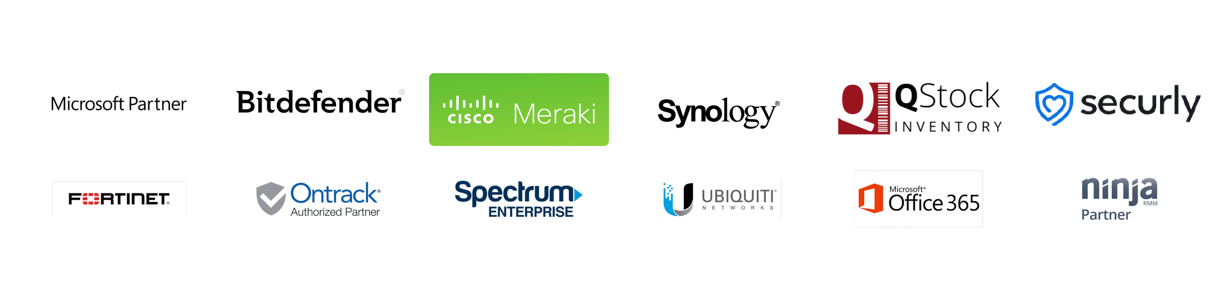 Microsoft. BitDefender. Cisco. Synology. QStock. Securly. Fortinet. Ontrack. Spectrum. Ubiquiti. Microsoft. NinjaOne. Cutting Edge Tek